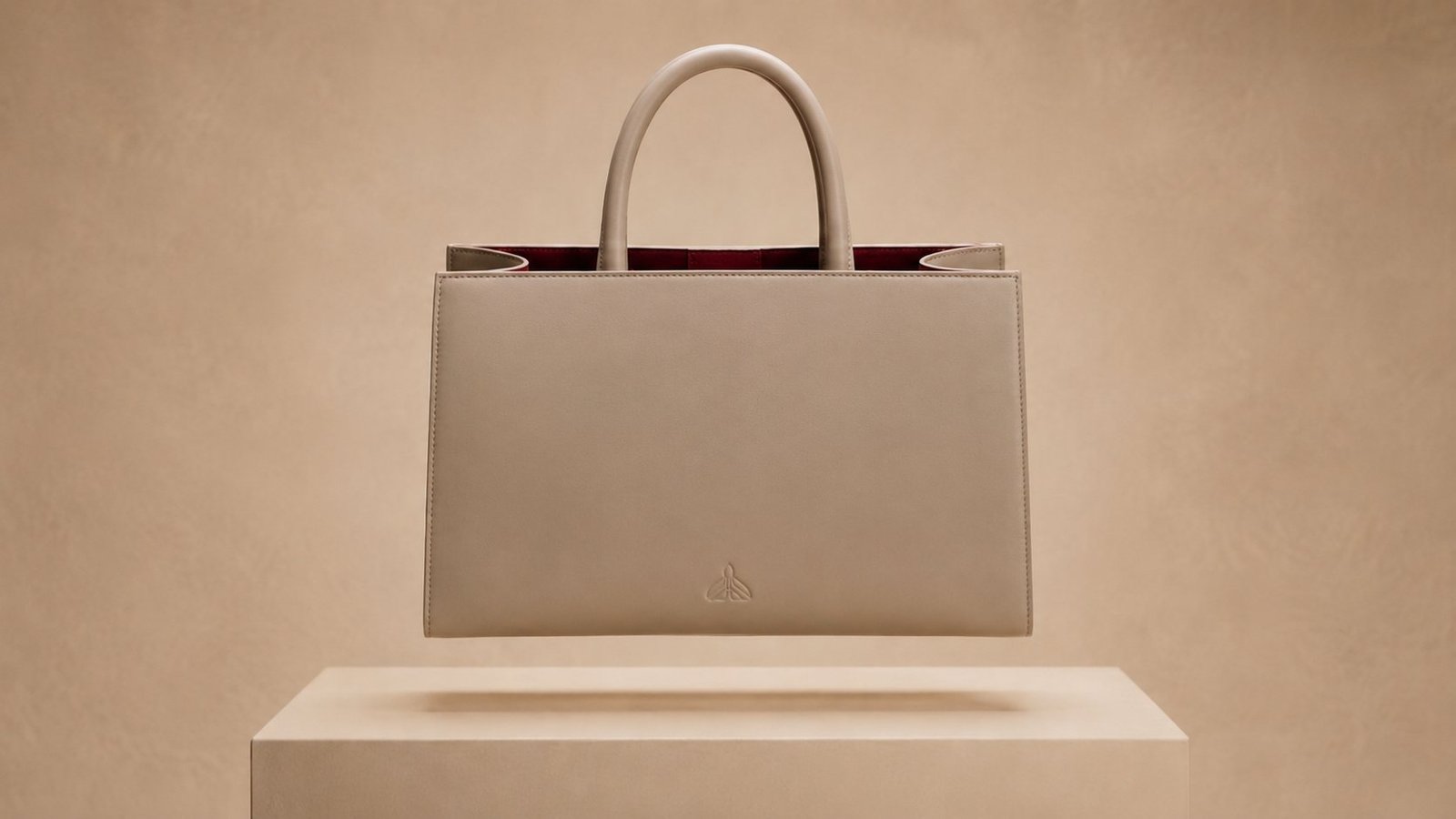 The tote squared to the camera, the embossed maison mark centred low on the front panel.