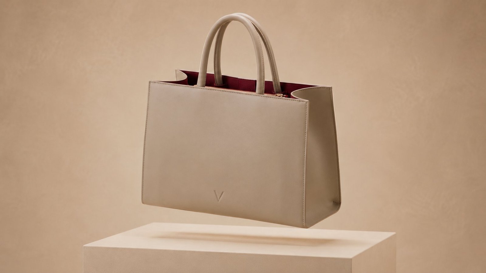 The Élan tote open at an angle, the dark burgundy interior reading warm against the taupe cowhide exterior.