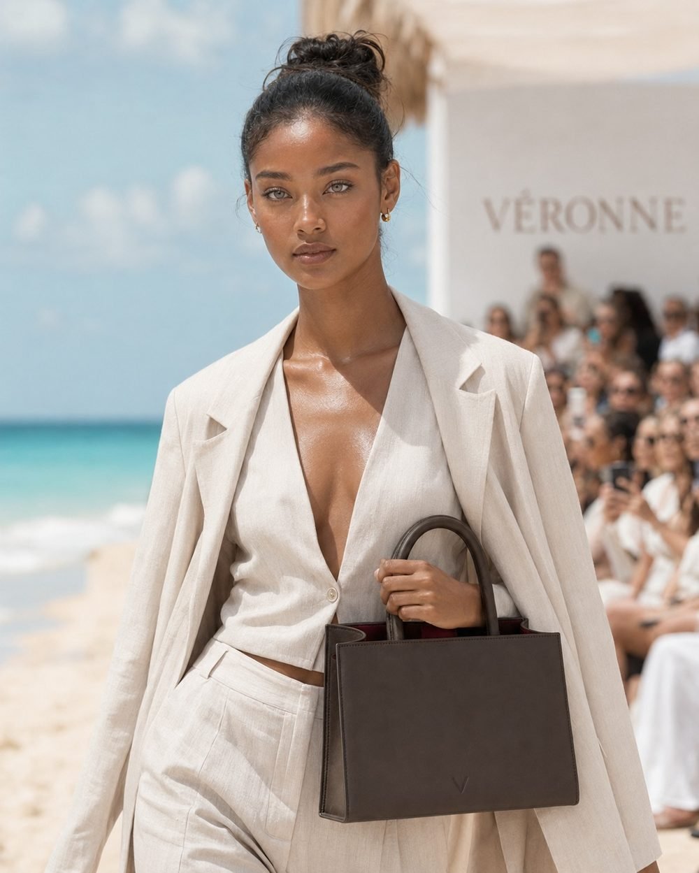 A model in a cream linen suit carries the tote in an espresso leather finish in a beach editorial scene.