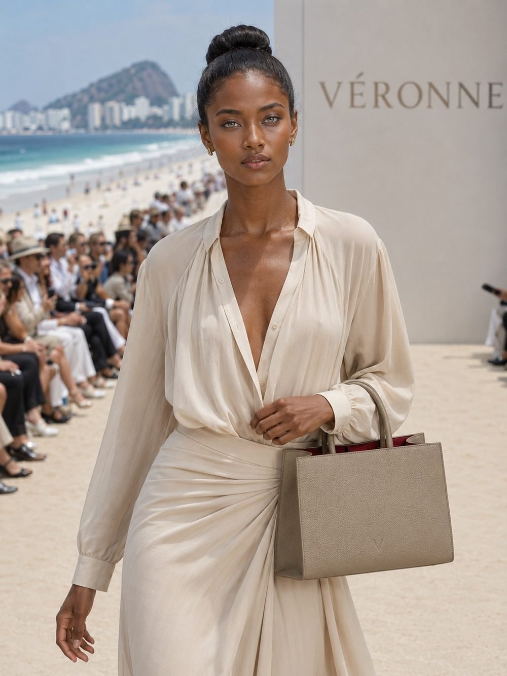 A model in a draped cream silk look carries the tote in grained taupe leather across a sand-set editorial scene.