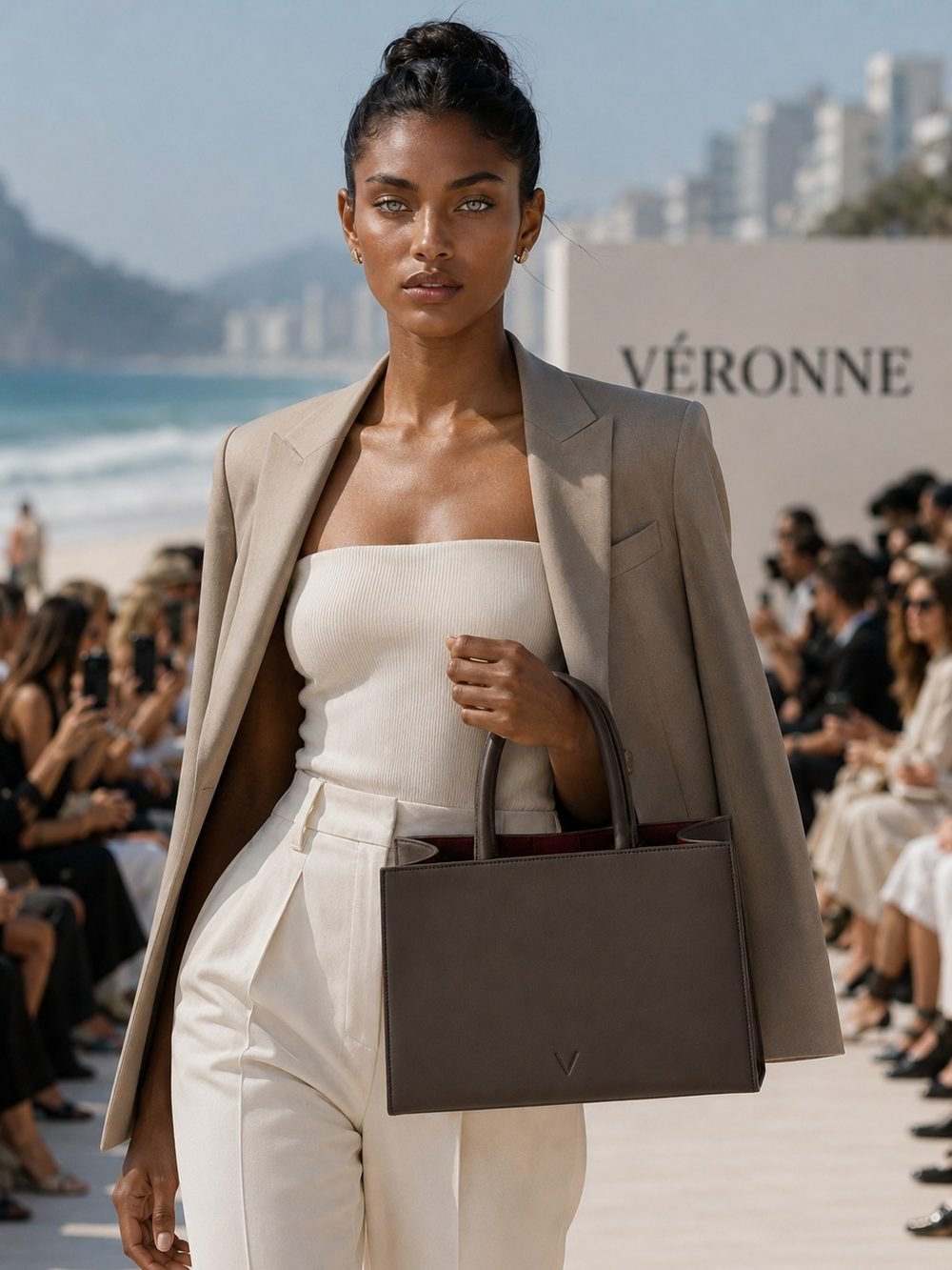 A model in a beige blazer over cream tailoring carries the espresso tote, the burgundy lining visible at the opening.
