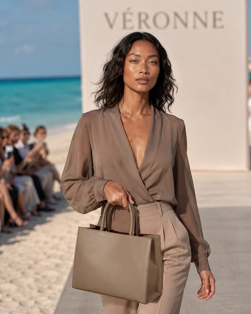 A model in a taupe silk blouse and trousers carries the Élan tote in taupe cowhide, warm daylight lending the leather a deeper cast.