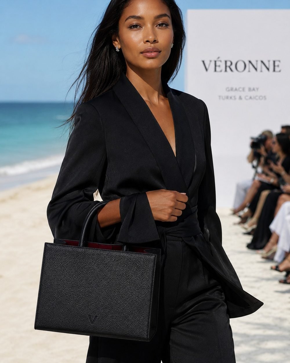 A model dressed entirely in black carries the tote in grained black leather in a shoreline-inspired editorial set.