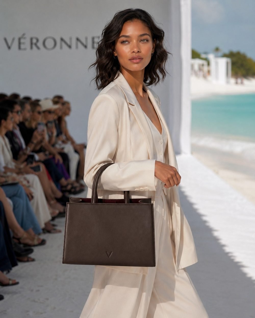A model in a full cream suit carries the espresso tote through a white shoreline editorial set.