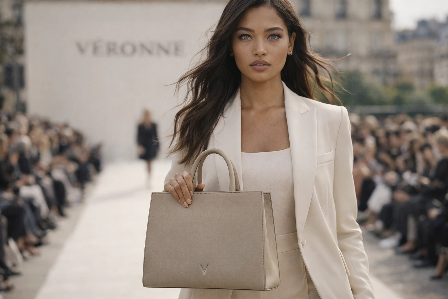 A model carries the Élan tote in taupe cowhide in a daylight shoreline editorial scene.